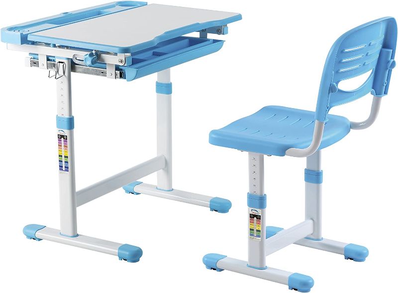 Photo 1 of Mount-It! Kids Desk and Chair Set, Height Adjustable Ergonomic Children's School Workstation with Storage Drawer Blue - 19.4"D x 26"W x 30"H

