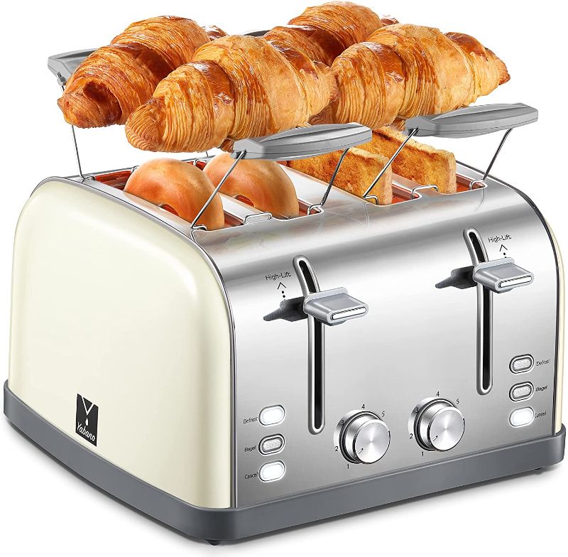 Photo 1 of Toaster 4 Slice, Extra Wide Slots, Stainless Steel with High Lift Lever, Bagel and Muffin Function, Removal Crumb Tray, 7-Shade Settings with Warming Rack, Cream, Yabano
