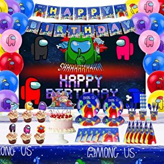 Photo 1 of Among Gaming Party Supplies Set for Kids, Birthday Decoration Packs Includes Flatwares Kit, Serve 10 Guests Plates, Tablecloth, Backdrop, Balloon, Banner, Cakeforks, Cakehat for Video Game Valentine Carnival Themed Favors Decor for Girls Boys
