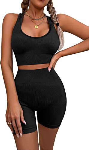 Photo 1 of [Size L] AMCLOS Womens Seamless Workout Sets Ribbed Knit 2 Piece Yoga Outfits Crop Tank Tops High Waist Sports Shorts
