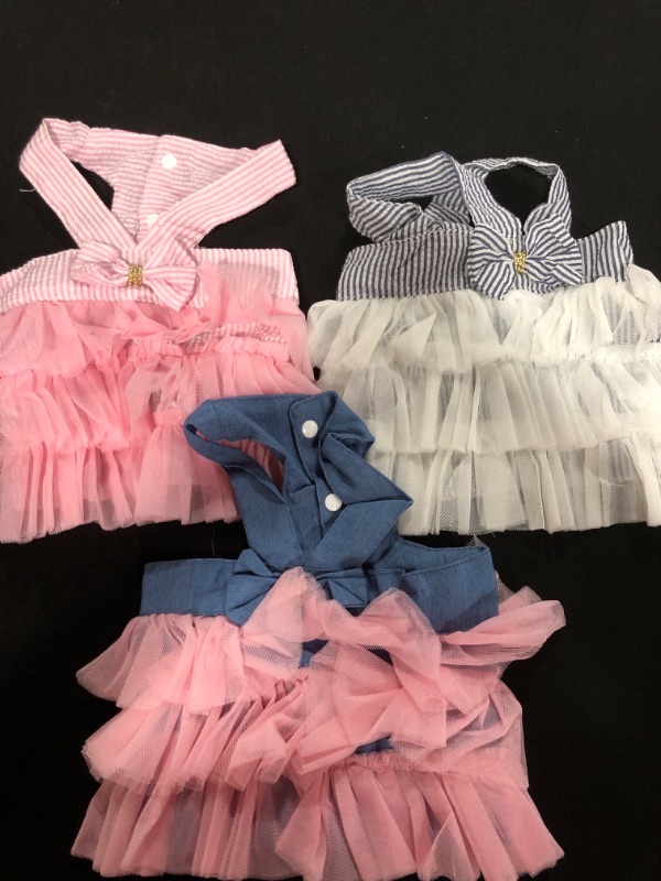 Photo 2 of [Size S] Dog Dresses, Fashion Pet Dog Clothes, Striped Mesh Puppy Dog Princess Dresses Pink/Blue/Denim(3pack) 