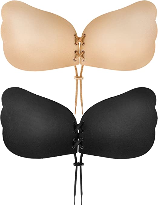 Photo 1 of [Size D] Sticky Bra Strapless Push-up Plus-Size - Self Adhesive Stick on Backless Invisible Sculpt Bra - Black and Tan