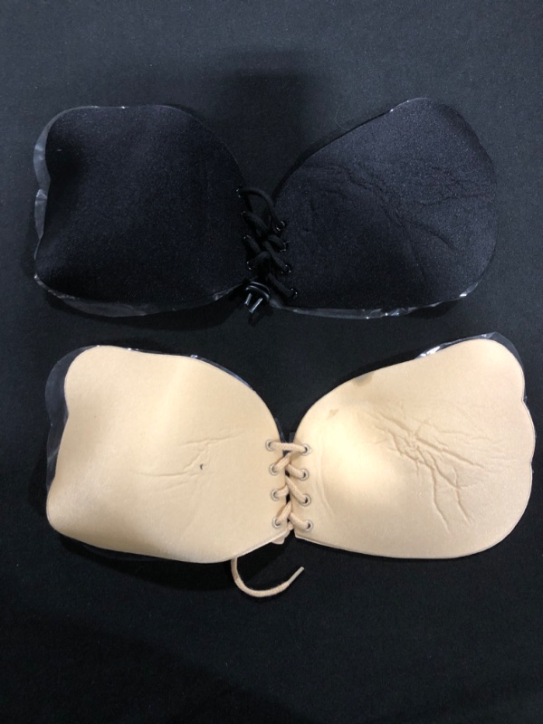 Photo 2 of [Size D] Sticky Bra Strapless Push-up Plus-Size - Self Adhesive Stick on Backless Invisible Sculpt Bra - Black and Tan