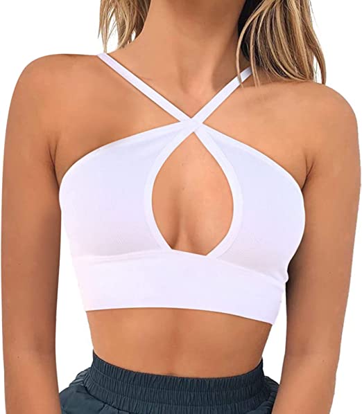 Photo 1 of [X-Large] Butgood Women's Cute Crop Tops Halter Criss Cross Sexy Sleeveless Ribbed Cut Out Backless Tank Top White