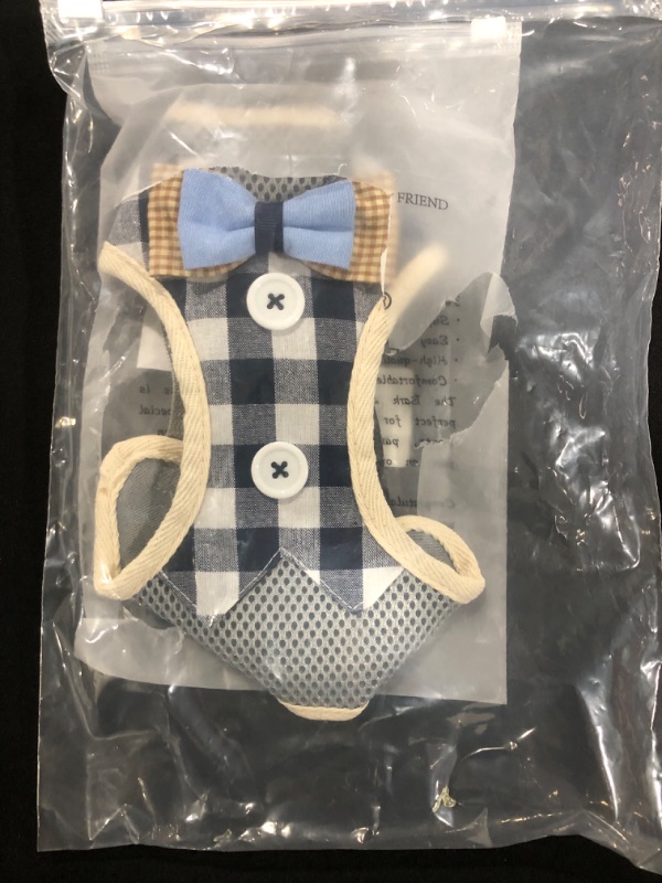 Photo 1 of [Size S] Bark Lover Small Puppy Harness with Bowtie, Adjustable Dog Vest Mesh Tuxedo Harness for Small Dog Kitten, Perfect for Party Wedding Holiday (Blue Plaid) 