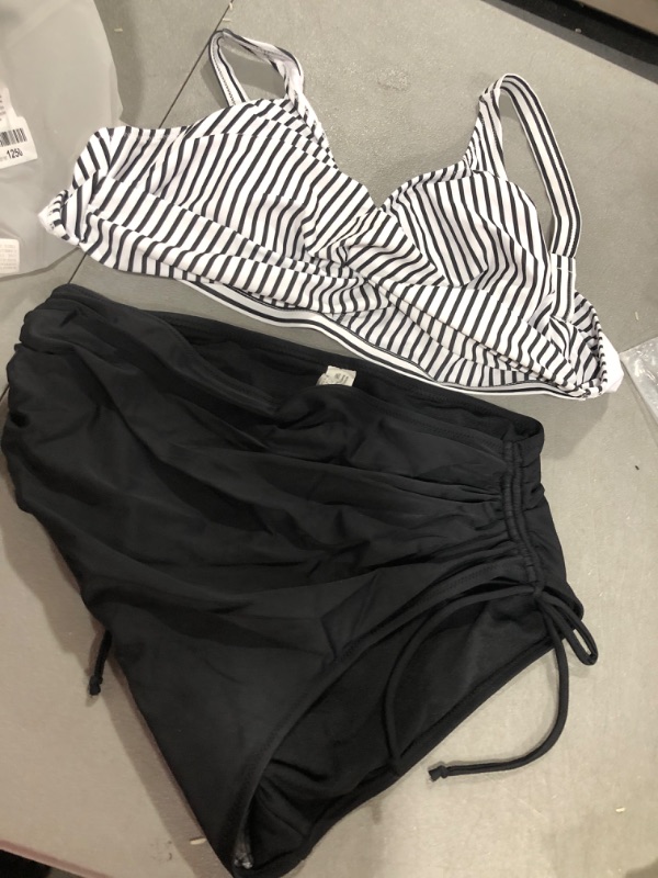 Photo 1 of Aqua Eve Women High Waisted Bikini Twist Front Swimsuits Lace up Bikini Tops Ruched Push up 2 Piece Bathing Suits Large Black and Stripe