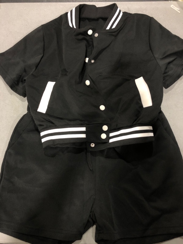 Photo 1 of  Women Casual Varsity Jacket Sweatsuit Patchwork Button Down Jackets Pants 2 Pieces Tracksuit SMALL C-black