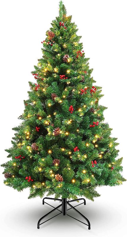 Photo 1 of 6ft Artificial Christmas Tree Prelit, Green Xmas Tree with 350 LEDs Lights and Decorations, Decorated Fake Christmas Tree with Lifelike Branch for Holiday Decoration
