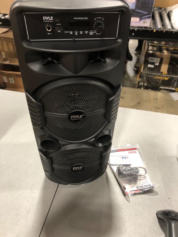 Photo 2 of Pyle Portable Bluetooth PA Speaker System - 600W Rechargeable Outdoor Bluetooth Speaker Portable PA System w/ Dual 8” Subwoofer 1” Tweeter, Microphone In, Party Lights, USB, Radio, Remote - PPHP2835B