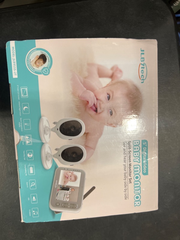 Photo 2 of Baby Monitor, JLB7tech 5" Split Screen,Video Baby Monitor with 2 Cameras and Audio,Night Vision,Two-Way Talk,Long Range,Feeding Time,Lullabies,Temperature Detection,Power Saving/Vox,Zoom in