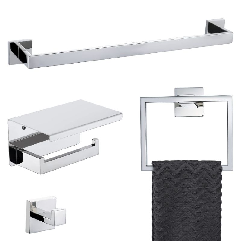 Photo 1 of 4-Piece Bathroom Hardware Set Chrome Bath Towel Bar Holder Sets Wall Mounted Stainless Steel Square Bathroom Accessory Kit, Polished Chrome 23.6 Inch Polished Chrome 4-Pieces Set-B