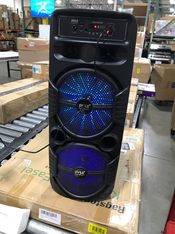 Photo 2 of Pyle Portable Bluetooth PA Speaker System - 600W Rechargeable Outdoor Bluetooth Speaker Portable PA System w/ Dual 8” Subwoofer 1” Tweeter, Microphone In, Party Lights, USB, Radio, Remote - PPHP2835B