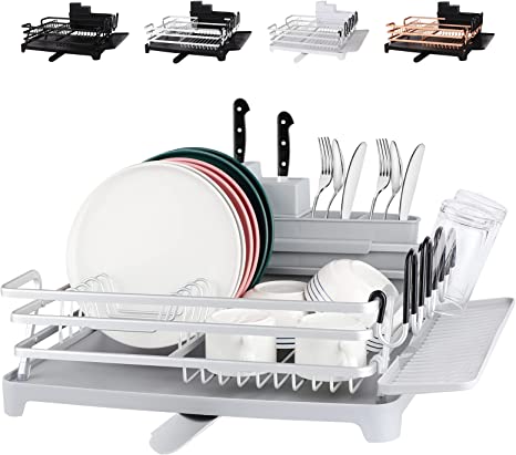 Photo 1 of [Upgraded] Aluminum Dish Drying Rack, ROTTOGOON Rustproof Dish Rack and Drainboard Set with Drainage, Utensil Holder, Cup Holder, Compact Dish Drainer for Kitchen Counter, 16.9"L x 12.2"W, Light Gray