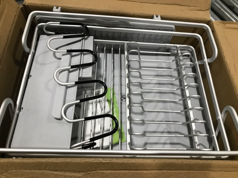 Photo 2 of [Upgraded] Aluminum Dish Drying Rack, ROTTOGOON Rustproof Dish Rack and Drainboard Set with Drainage, Utensil Holder, Cup Holder, Compact Dish Drainer for Kitchen Counter, 16.9"L x 12.2"W, Light Gray