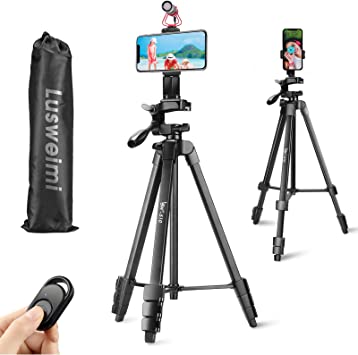 Photo 1 of Phone Tripod, Lusweimi  iPhone Tripod Stand for iPad Pro 12.9"/Tablet/Webcam, Lightweight Camera Tripod with Phone Holder/Wireless Remote/Carry Bag for Vlogging/Video Recording
