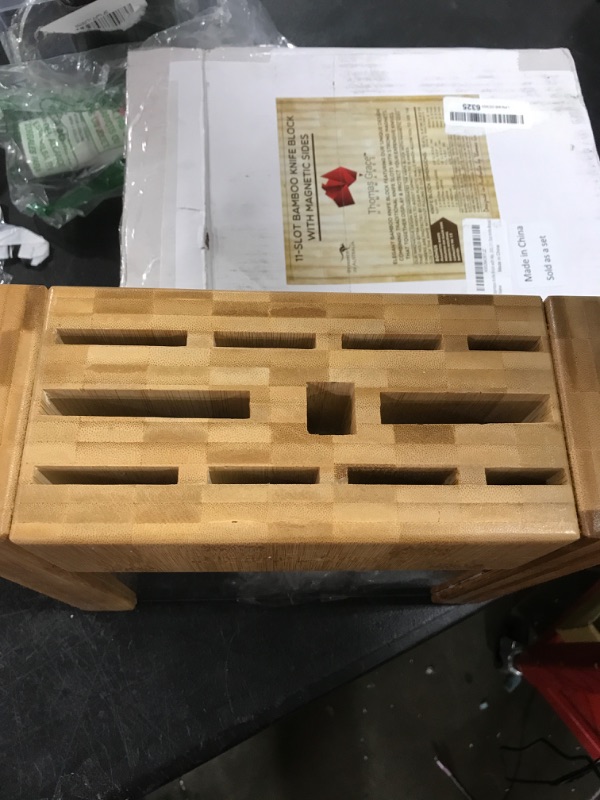 Photo 1 of 11 Slot Bamboo Knife Block w/ Magnetic Sides - Thomas Grace Homewares Kitchen Universal Knife Holder Organizer (KNIFE BLOCK WITHOUT KNIVES). Magnetic Knife Block Strip Boosts Storage to 15 Knives