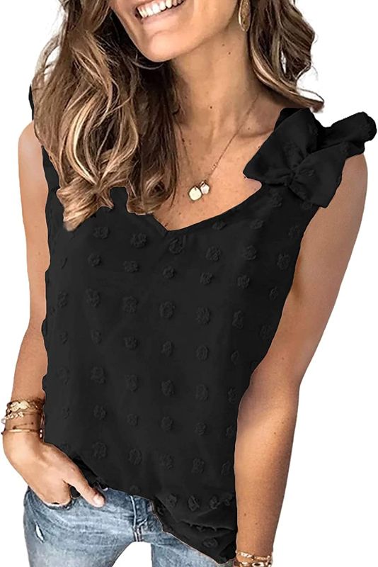 Photo 1 of Amarmia Womens Swiss Dot Sleeveless Tank Tops Ruffle V Neck Top Casual Cute Pom Pom Chiffon Blouses Size S