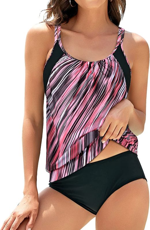 Photo 1 of Yonique Two Piece Tankini Swimsuits for Women Blouson Swim Top with Bottom Double Up Bathing Suit Size L