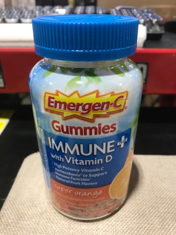 Photo 2 of Emergen-C Immune+ Immune Gummies, Vitamin D plus 750 mg Vitamin C, Immune Support Dietary Supplement, Caffeine Free, Gluten Free, Super Orange Flavor - 45 Count BB 05.23