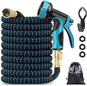 Photo 1 of 100 ft Garden Hose, Expandable Water Hose 100ft with 10 Function Nozzle Sprayer, Lightweight Flexible Hose with 3/4 Inch Solid Fittings and 4-Layer Latex Core, 100ft Retractable Stretch Hose (Blue)
