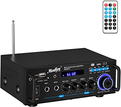 Photo 1 of Moukey 2 Channel Amplifier for Stereo Audio Speakers Bluetooth 5.0 - Portable RMS 100W, Desktop Power Receivers with FM Radio, MP3/USB/SD Readers, 2 Mic Input, Remote MAMP3
