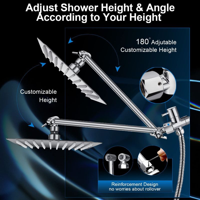 Photo 2 of 12 Inch Shower Head Combo,High Pressure Rain Shower Head with 11 Inch Adjustable Extension Arm and 5 Settings Handheld Shower Head Combo,Powerful Shower Spray Against Low Pressure Water with Long Hose 12'' Showerhead Set Chrome