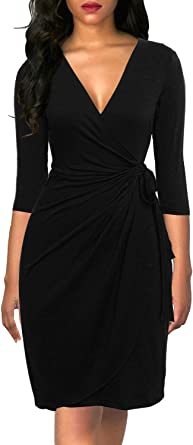 Photo 1 of Berydress Women's Classic 3/4 Sleeve V Neck Sheath Casual Party Work Faux Black Wrap Dress
