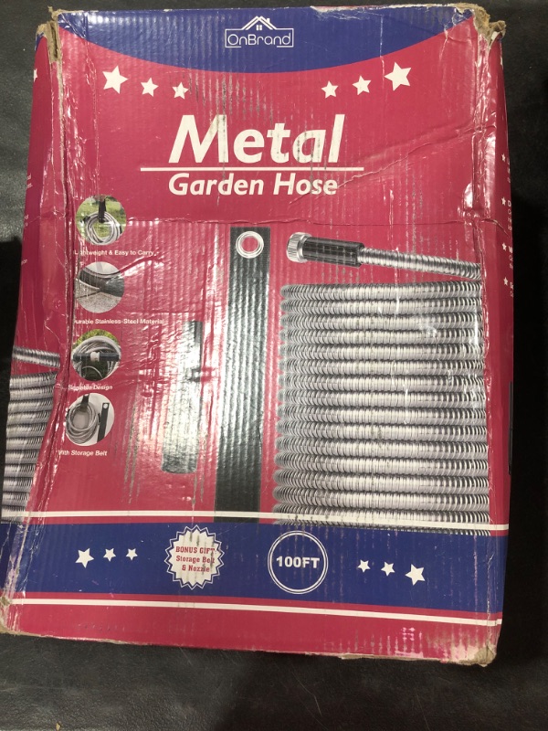 Photo 2 of 100ft Garden Hose Made by Metal with Super Tough and Soft Water Hose, Household Stainless Steel Hose, Durable Metal Hose with Adjustable Nozzle, No Kinks and Tangles, Easy to Store with Storage Strap
