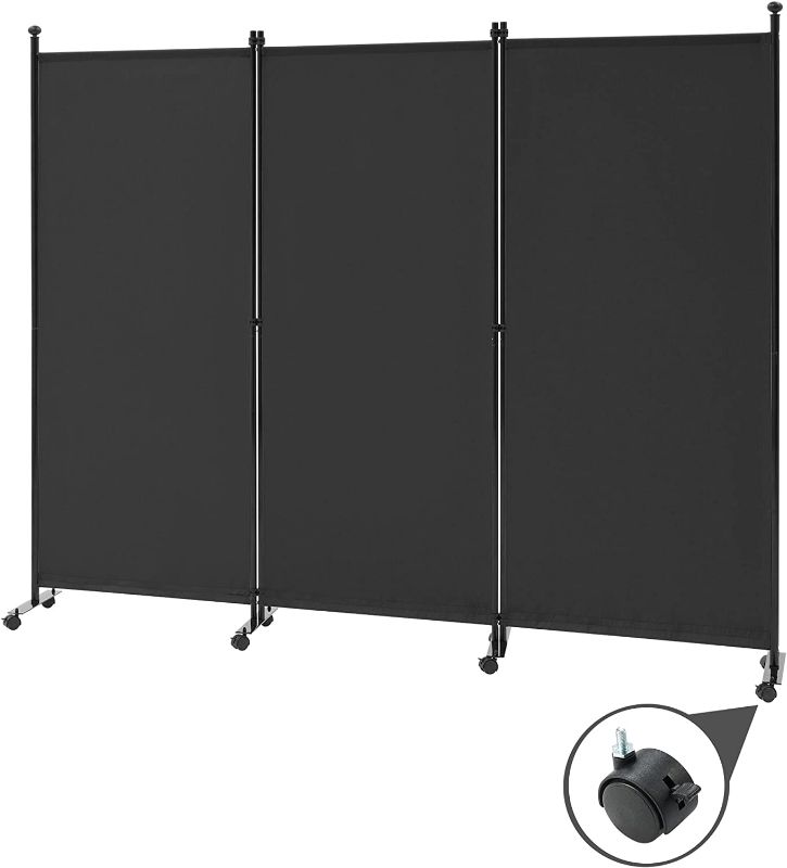 Photo 1 of 3 Panel Rolling Room Divider, Folding Partition Privacy Screens, Freestanding Fabric Room Panel, Portable Folding Wall Divider for Office, Room,Restaurant, Hospital (Black)