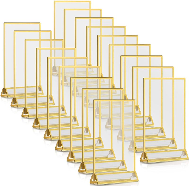 Photo 1 of 18 Pieces Frames Table Numbers Clear Table Sign Double Sided Picture Frame Table Number Holder Acrylic Sign Holder for Wedding Table Numbers, Menu Holder, Photo Frame (Gold, 4 x 6 Inches)
