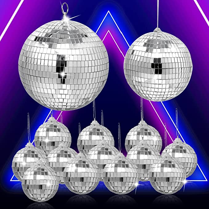 Photo 1 of 14Pcs Hanging Mirror Disco Ball Ornaments,Bright Silver Reflective Disco Ball Free Rotation Disco Ball for Fun Party Home Bands Decorations(8Inch,6Inch,2.5Inch) 