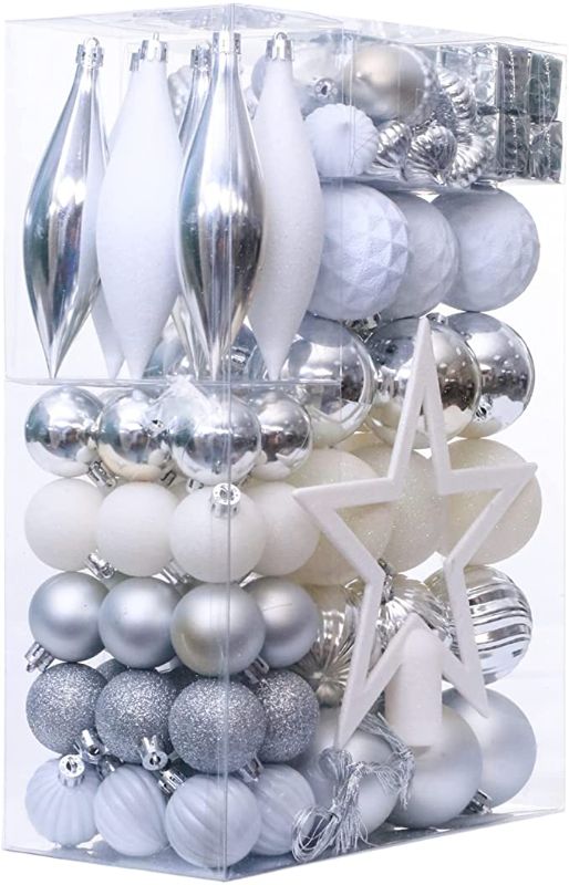 Photo 1 of 100PCS Assorted Christmas Balls Tree Ornament Set,Shatterproof Assorted Hanging Decorations in a Gift Package,Glitter Acorn,Ball,Gift Box Pendants,Tree Top for Xmas Tree Holiday Party(Silver/White) 