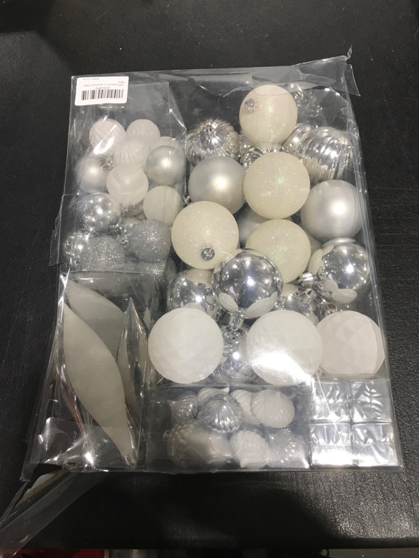 Photo 2 of 100PCS Assorted Christmas Balls Tree Ornament Set,Shatterproof Assorted Hanging Decorations in a Gift Package,Glitter Acorn,Ball,Gift Box Pendants,Tree Top for Xmas Tree Holiday Party(Silver/White) 