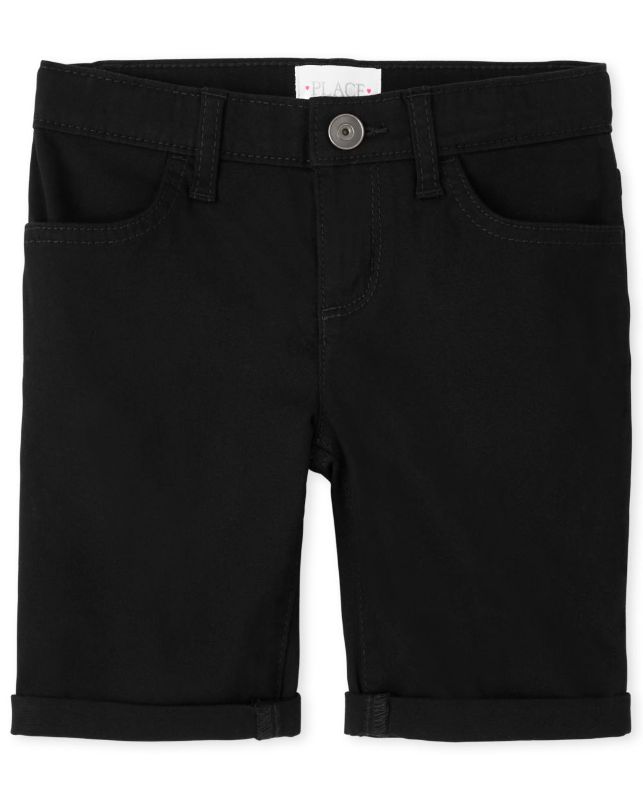 Photo 1 of Girls Roll Cuff Twill Skimmer Shorts. SIZE 6. BLACK. 
