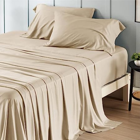 Photo 1 of Bedsure Cooling Sheets for Queen Size Bed, 100% Viscose from Bamboo, Deep Pocket up to 16", Fade Resistant, Hotel Luxury Silky Soft Breathable Bedding Sheets & Pillowcases,Beige
