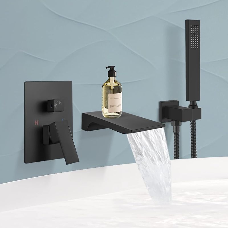 Photo 1 of Airuida Wall Mount Tub Faucet with Waterfall Tub Spout, Bathtub Faucet with Handheld Shower Sprayer, Matte Black Modern Single Handle Tub Filler Faucet, Shower Faucet Set with Rough-in valve
