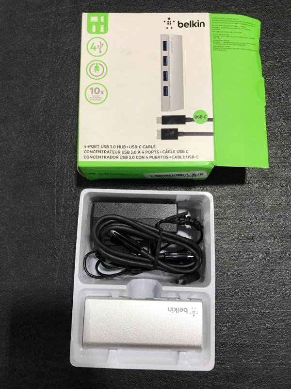 Photo 2 of Belkin USB 3.0 to USB-C 4 Port Hub + USB-C Cable - USB C Hub W/ Micro-B Cable - 5W Powered USB Hub - Docking Station - Macbooks, Google Chromebook Pixel & Standard USB A Devices - With USB C Cable 4-Port Hub. OPEN BOX. PRIOR USE. 