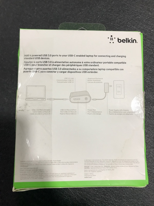 Photo 4 of Belkin USB 3.0 to USB-C 4 Port Hub + USB-C Cable - USB C Hub W/ Micro-B Cable - 5W Powered USB Hub - Docking Station - Macbooks, Google Chromebook Pixel & Standard USB A Devices - With USB C Cable 4-Port Hub. OPEN BOX. PRIOR USE. 