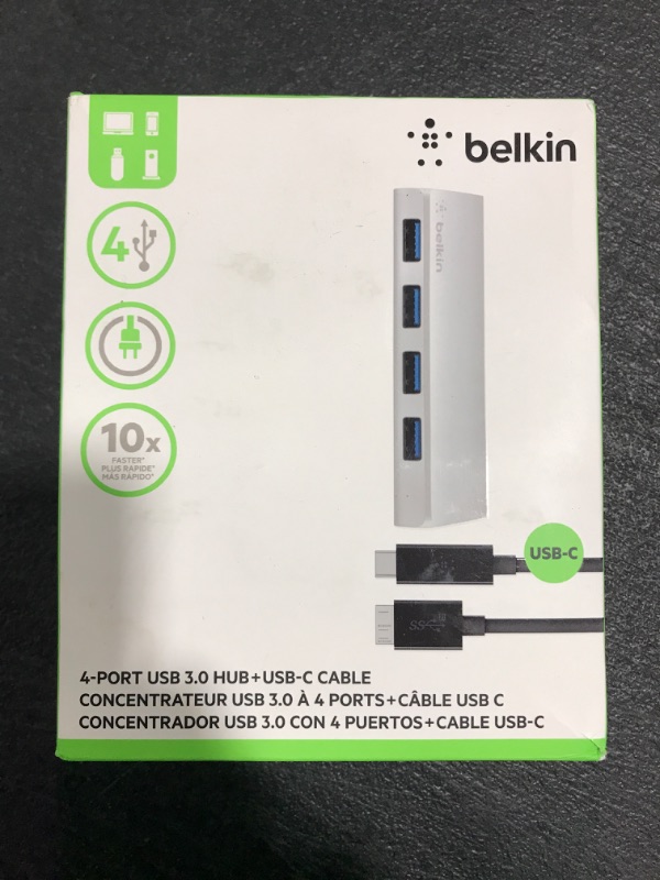 Photo 3 of Belkin USB 3.0 to USB-C 4 Port Hub + USB-C Cable - USB C Hub W/ Micro-B Cable - 5W Powered USB Hub - Docking Station - Macbooks, Google Chromebook Pixel & Standard USB A Devices - With USB C Cable 4-Port Hub. OPEN BOX. PRIOR USE. 