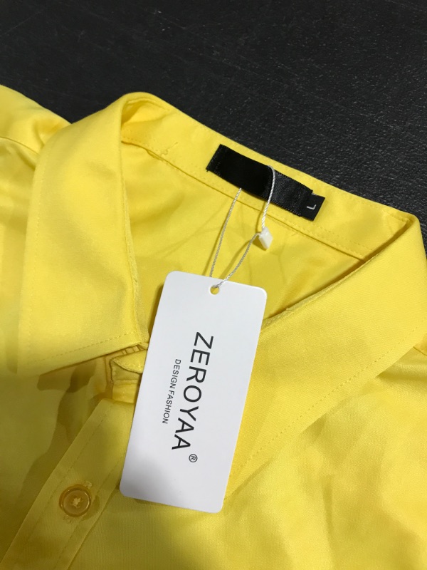 Photo 2 of MEN'S SHORT SLEEVE BUTTON DOWN SHIRT. YELLOW. SIZE LARGE. 