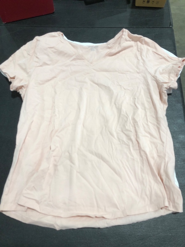 Photo 1 of 2-PACK AMAZON ESSENTIALS WOMEN'S V-NECK SHORT SLEEVE SHIRTS. WHITE/PINK. SIZE XL. PRIOR USE. 