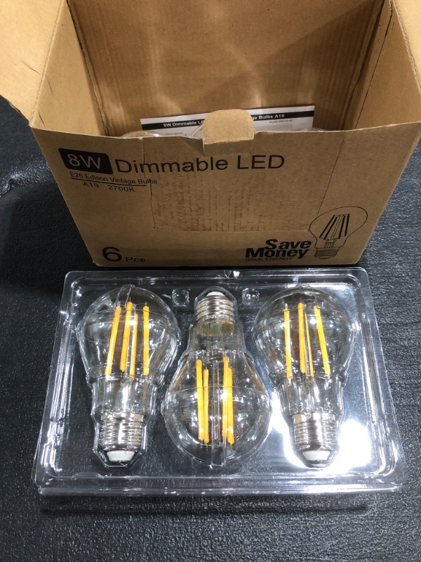 Photo 1 of 8 WATT DIMMABLE LED E26 EDISON VINTAGE BULBS, A19, 2700K. 6 PIECES. 