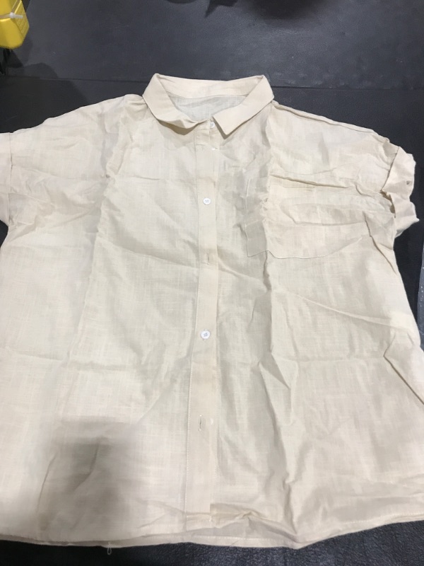 Photo 1 of Beige Women's Woven Short Sleeve Button Shirt Size Large