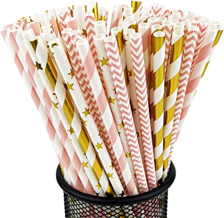 Photo 1 of 400PCS YAOSHENG Paper Straws for drinking, Gold and Pink Paper Straws for Cocktail Party Supplies,Birthday,Wedding,Bridal/Baby Shower,Juice,shakes,Smoothies (Pink and Gold) 