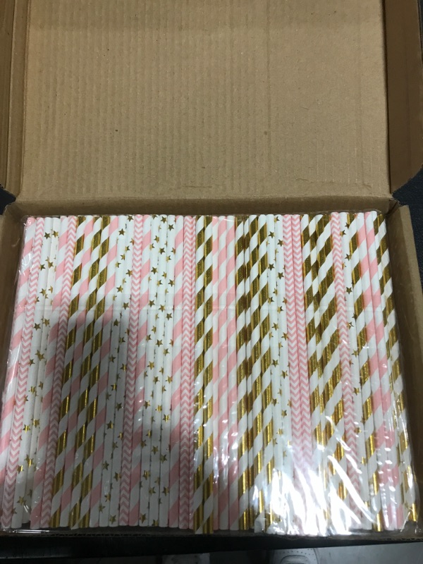 Photo 2 of 400PCS YAOSHENG Paper Straws for drinking, Gold and Pink Paper Straws for Cocktail Party Supplies,Birthday,Wedding,Bridal/Baby Shower,Juice,shakes,Smoothies (Pink and Gold) 