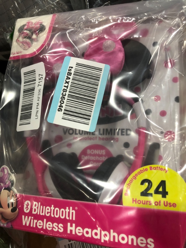 Photo 2 of eKids Minnie Mouse Kids Bluetooth Headphones, Wireless Headphones with Microphone Includes Aux Cord, Volume Reduced Kids Foldable Headphones for School, Home, or Travel, Pink