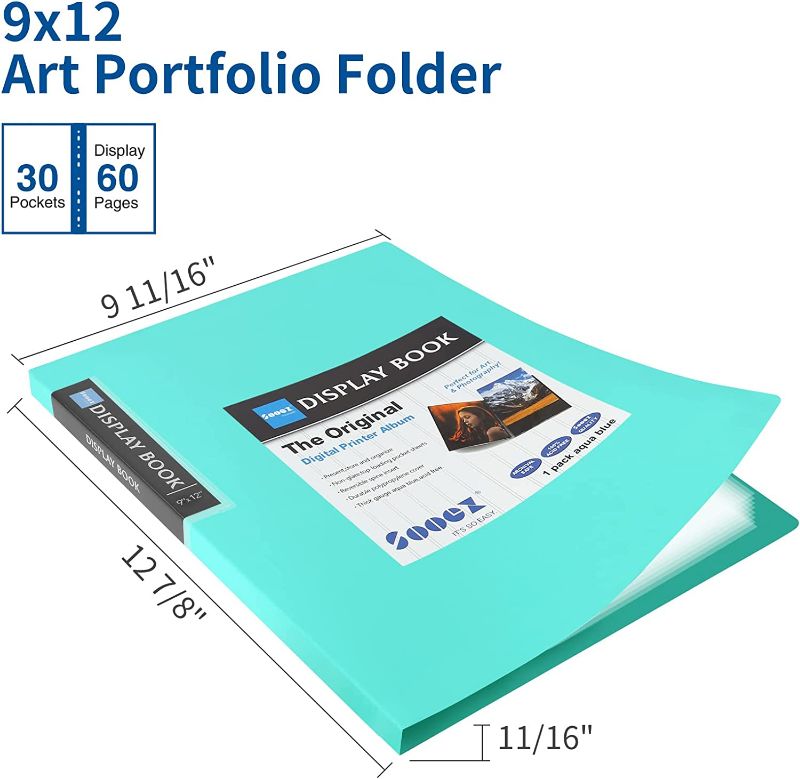 Photo 1 of 30-Pocket Binder with Plastic Sleeves 9x12" (Aqua), Heavy Duty Art Portfolio Folder with Clear Sheet Protectors, Display 60 Pages