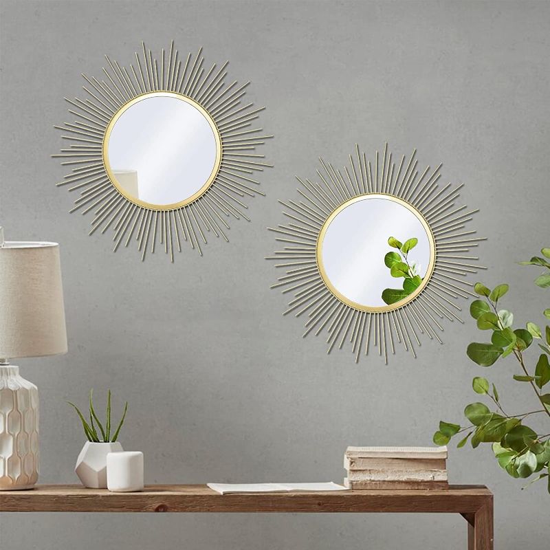 Photo 1 of 2 Set 15.7''Sunburst Gold Mirrors for Wall Metal Mirrors Home Décor Decorative Mirrors Hanging Starburst Wall Art (2 Set Square Wires, 2)
