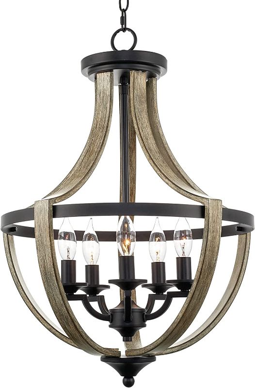 Photo 2 of  Home Woodward 24.5" 5-Light Modern Rustic Foyer Chandelier, Wood Style Metal Frame, Reclaimed Oak Wood Style + Black Finish