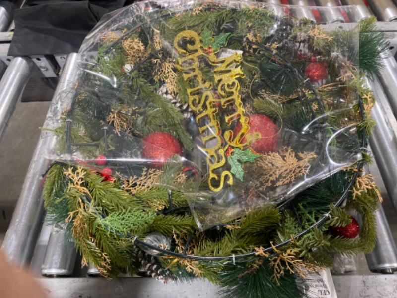 Photo 1 of 26 Inch 80 LED Large Prelit Christmas Wreath Decorations Front Door Timer “Merry Christmas” Battery Operated Realistic Spruce Tips 18 Glitter Ball Big 12 Pinecone 30 Berry 20 Cypress Xmas Decor Home
